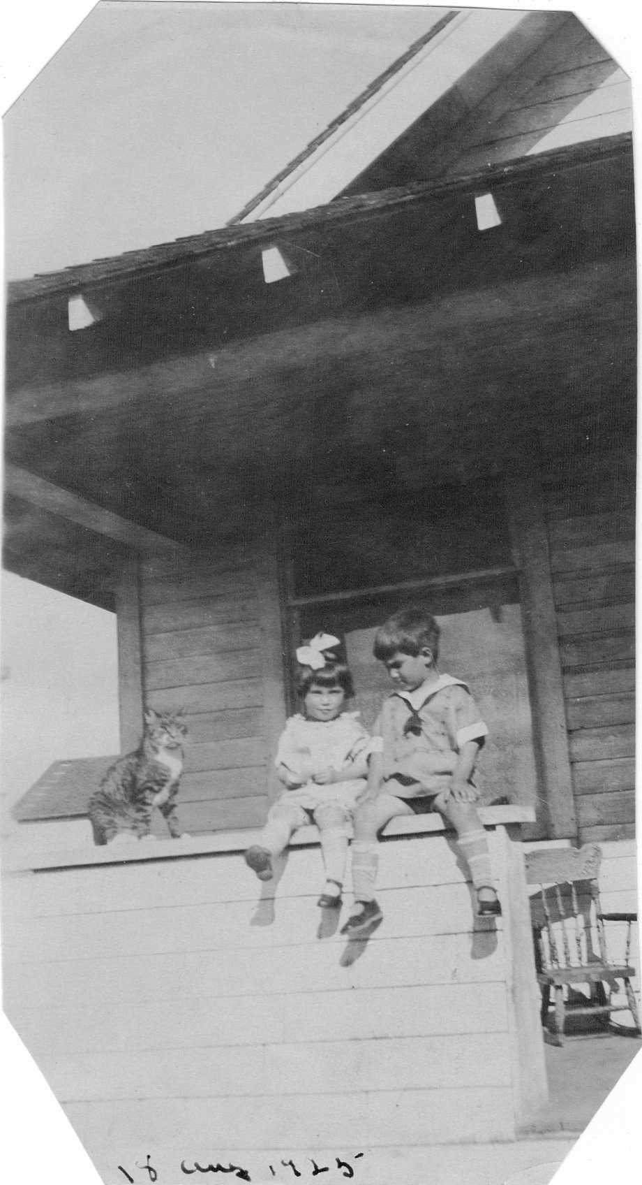 August 18, 1925 Doris and Hubert Brooks on Porch with Cat